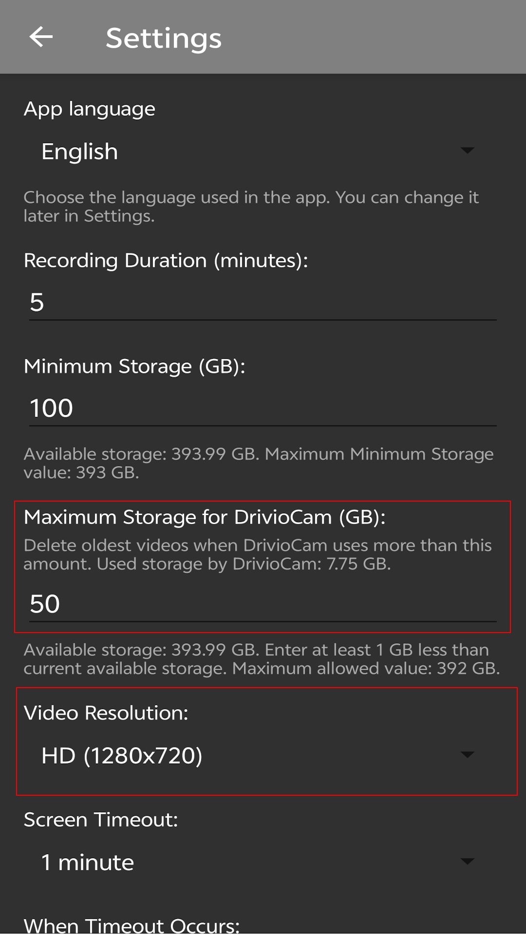 Storage settings screen
